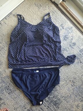 Swimsuits For All Navy & White Polka Dot Tankini with Solid Navy Briefs